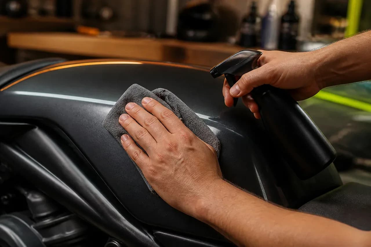 Pulizia della carena di una moto prima di applicare un adesivo