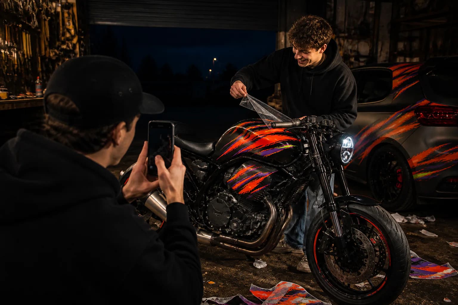 Persone che osservano il risultato di una grafica custom in garage