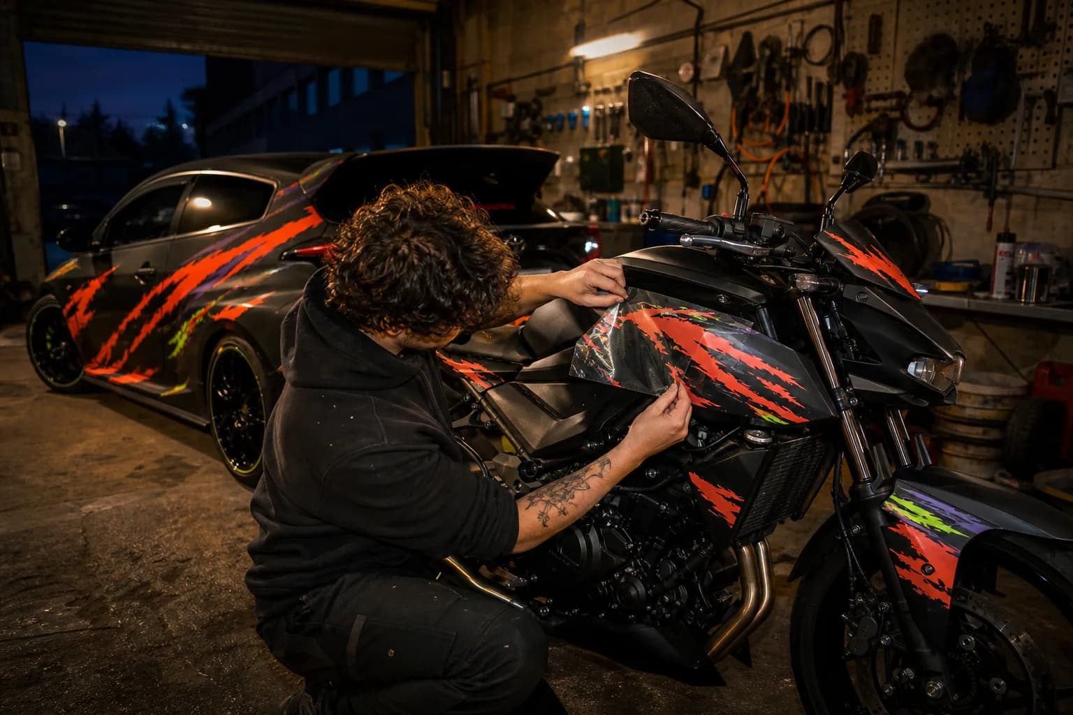 Moto e auto con grafiche diverse dentro un garage