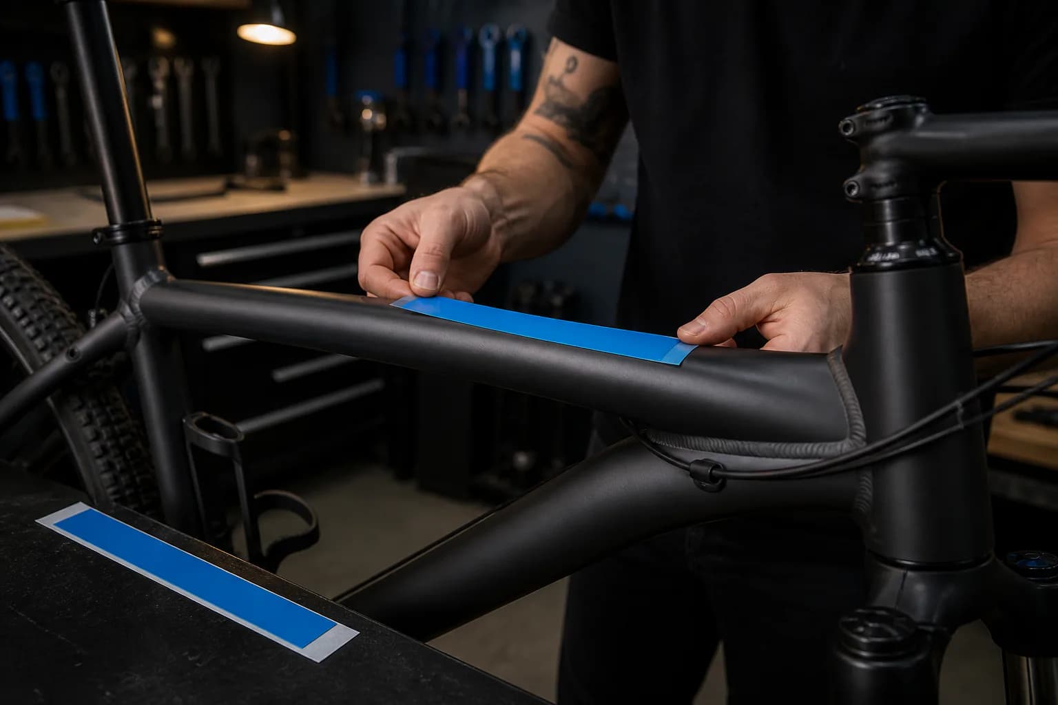 Mani applicano una sottile striscia azzurra sul tubo nero di una bicicletta