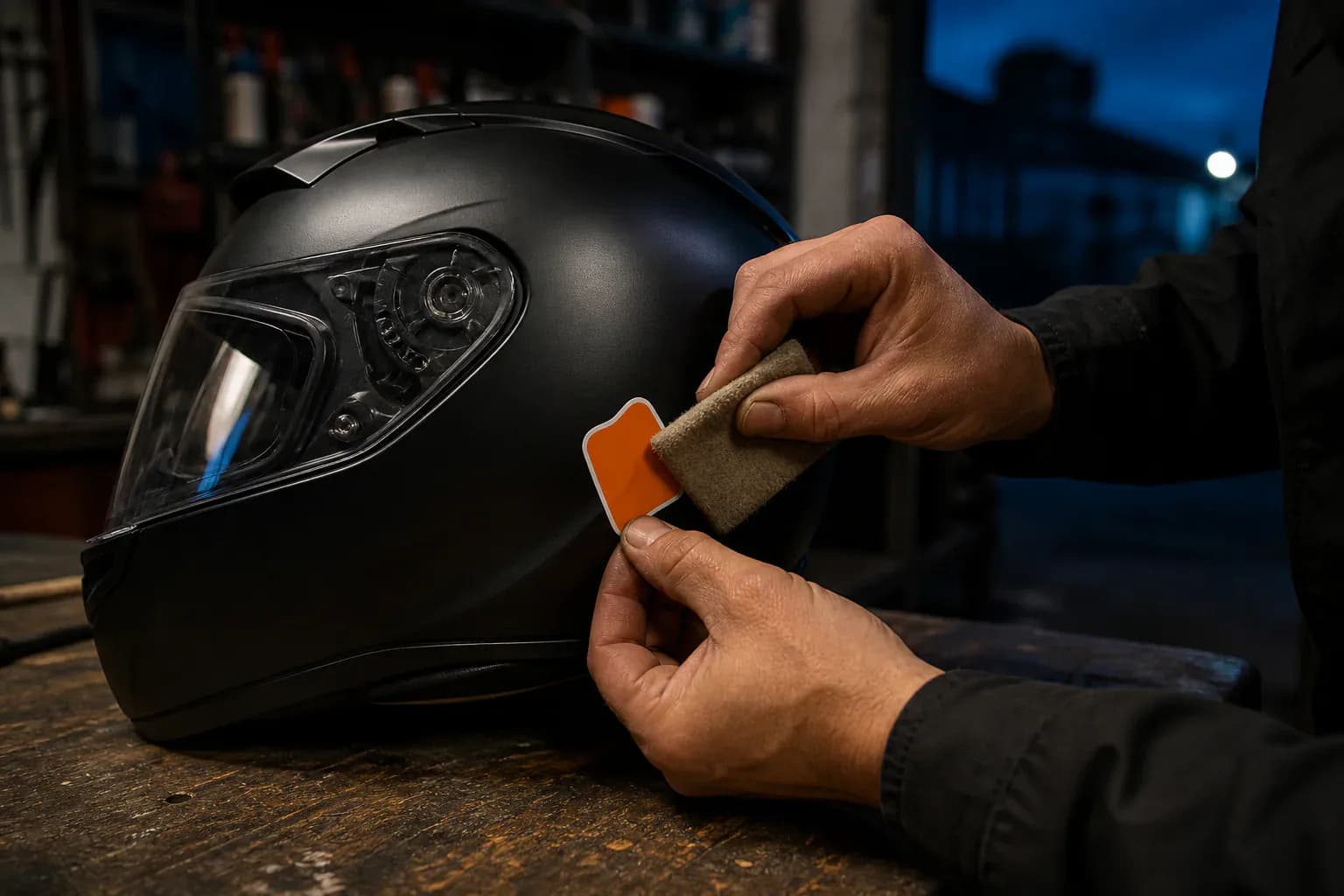 Applicazione di un piccolo adesivo arancione su un casco moto nero
