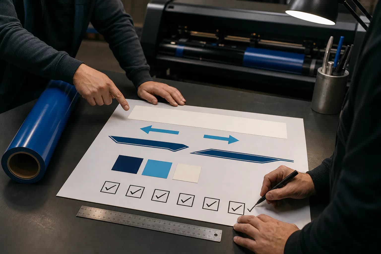 Controllo su carta di dimensioni, colore, quantità e orientamento di una grafica adesiva
