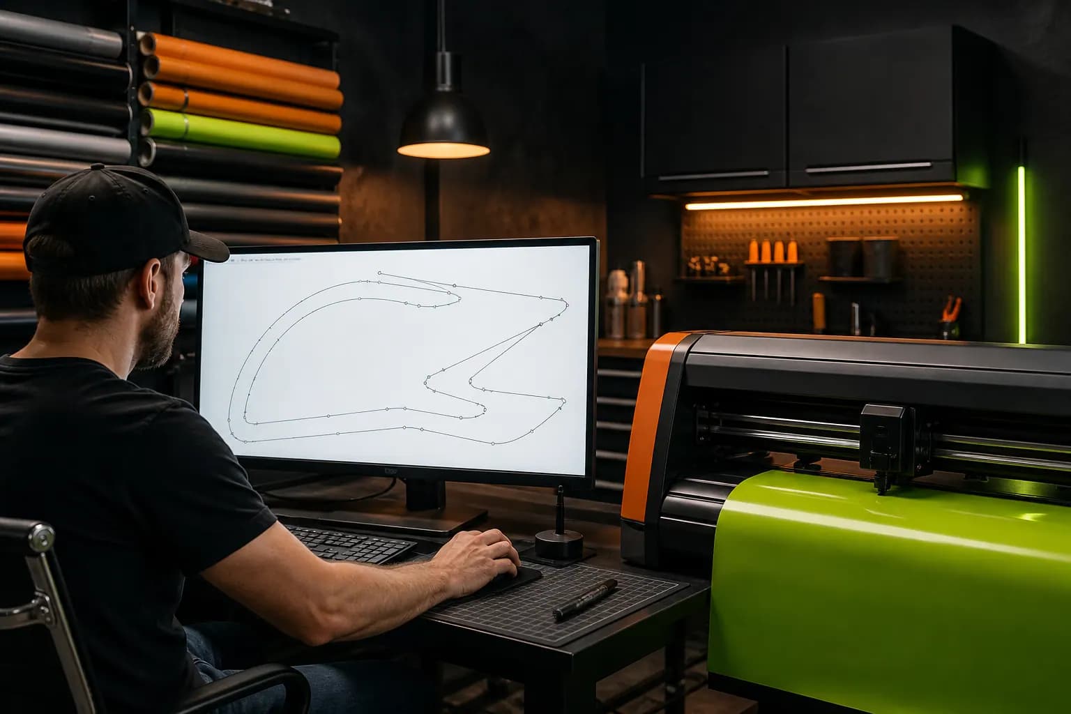 Designer che prepara tracciati vettoriali accanto a un plotter da taglio