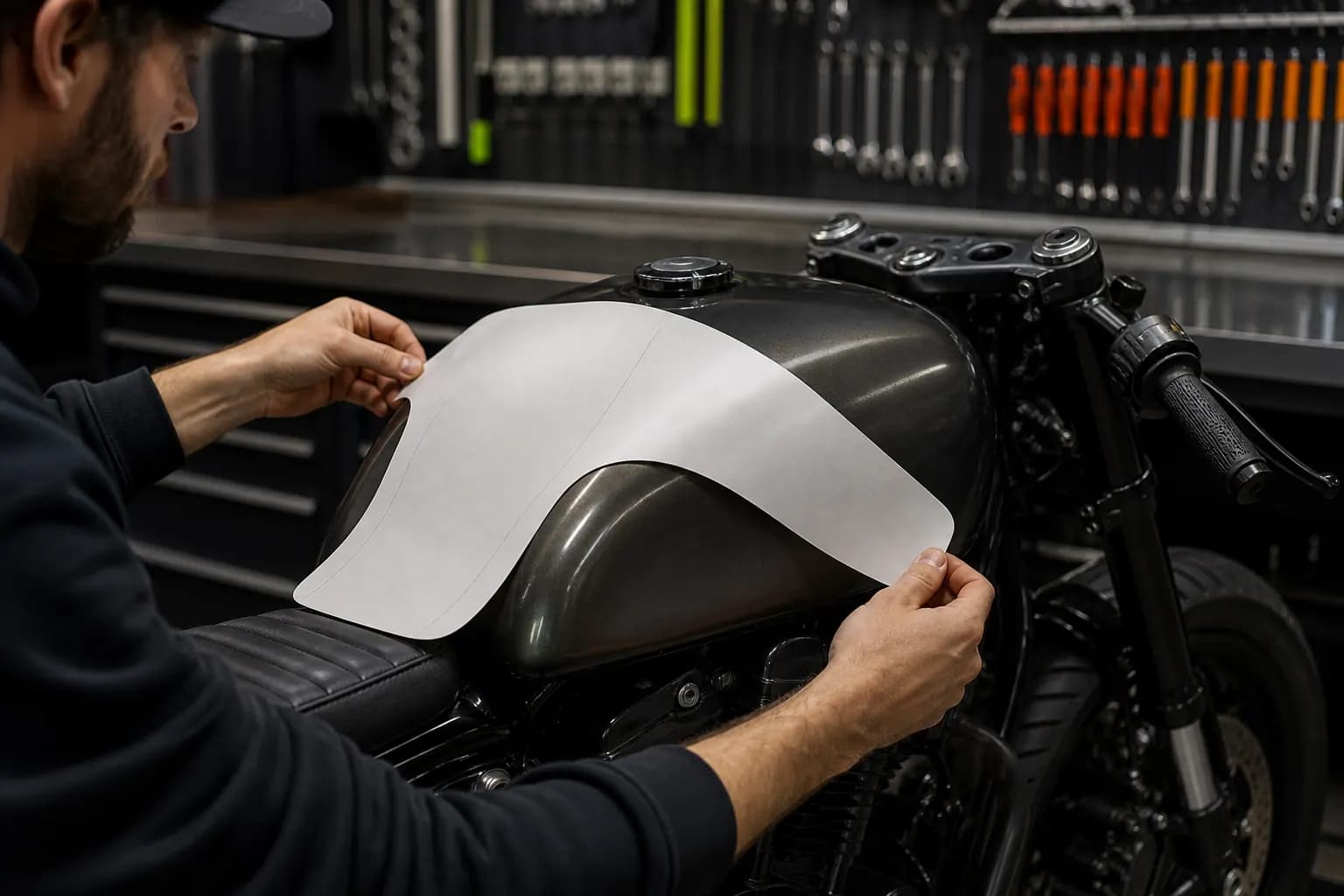 Prova di una grande sagoma di carta sulla curva del serbatoio di una moto