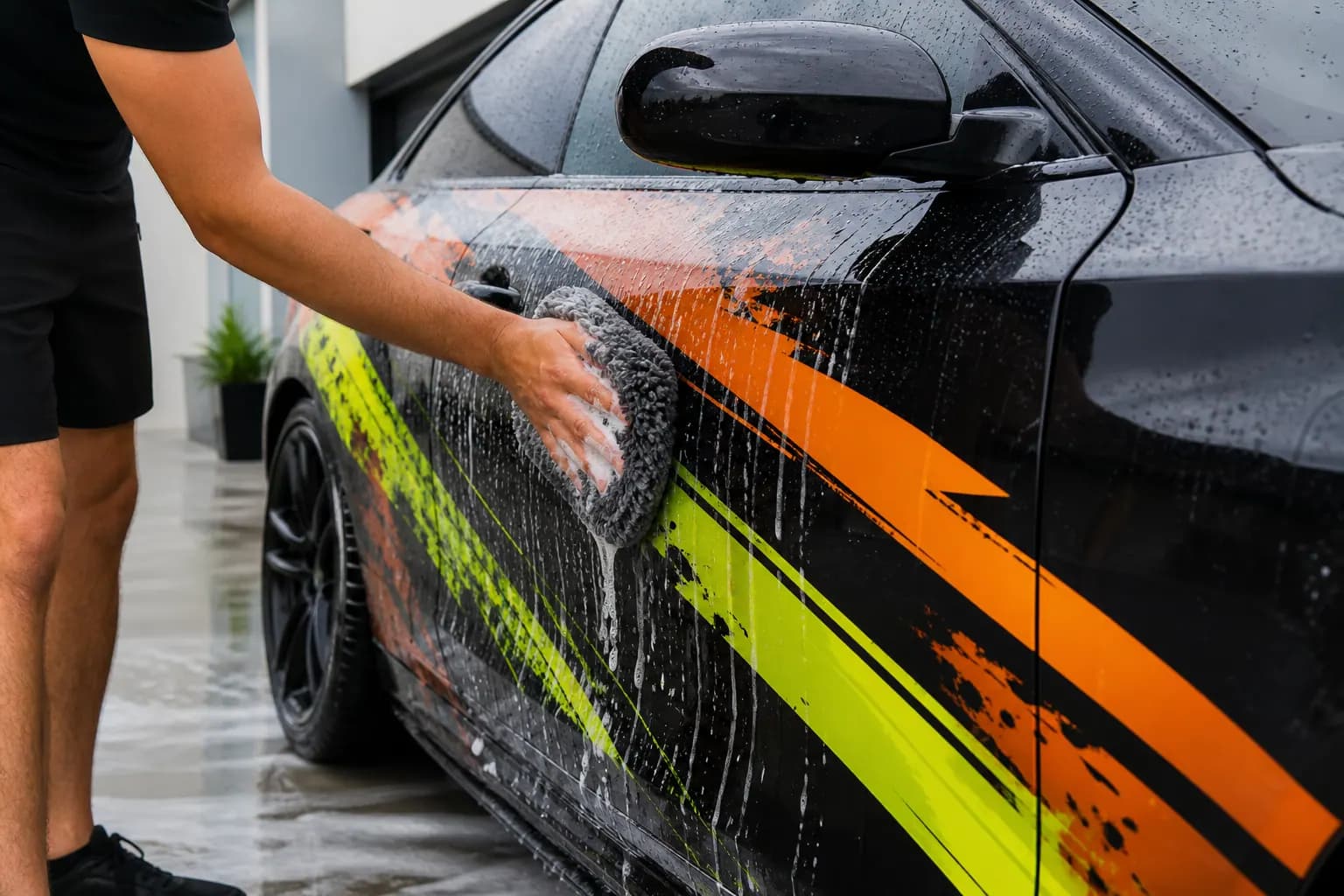 Lavaggio manuale delicato di un'auto scura con una grafica adesiva colorata