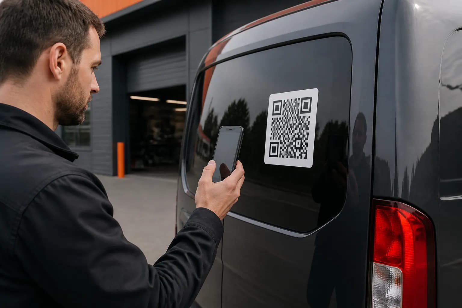 Prova con smartphone di un QR code adesivo sul vetro di un furgone parcheggiato
