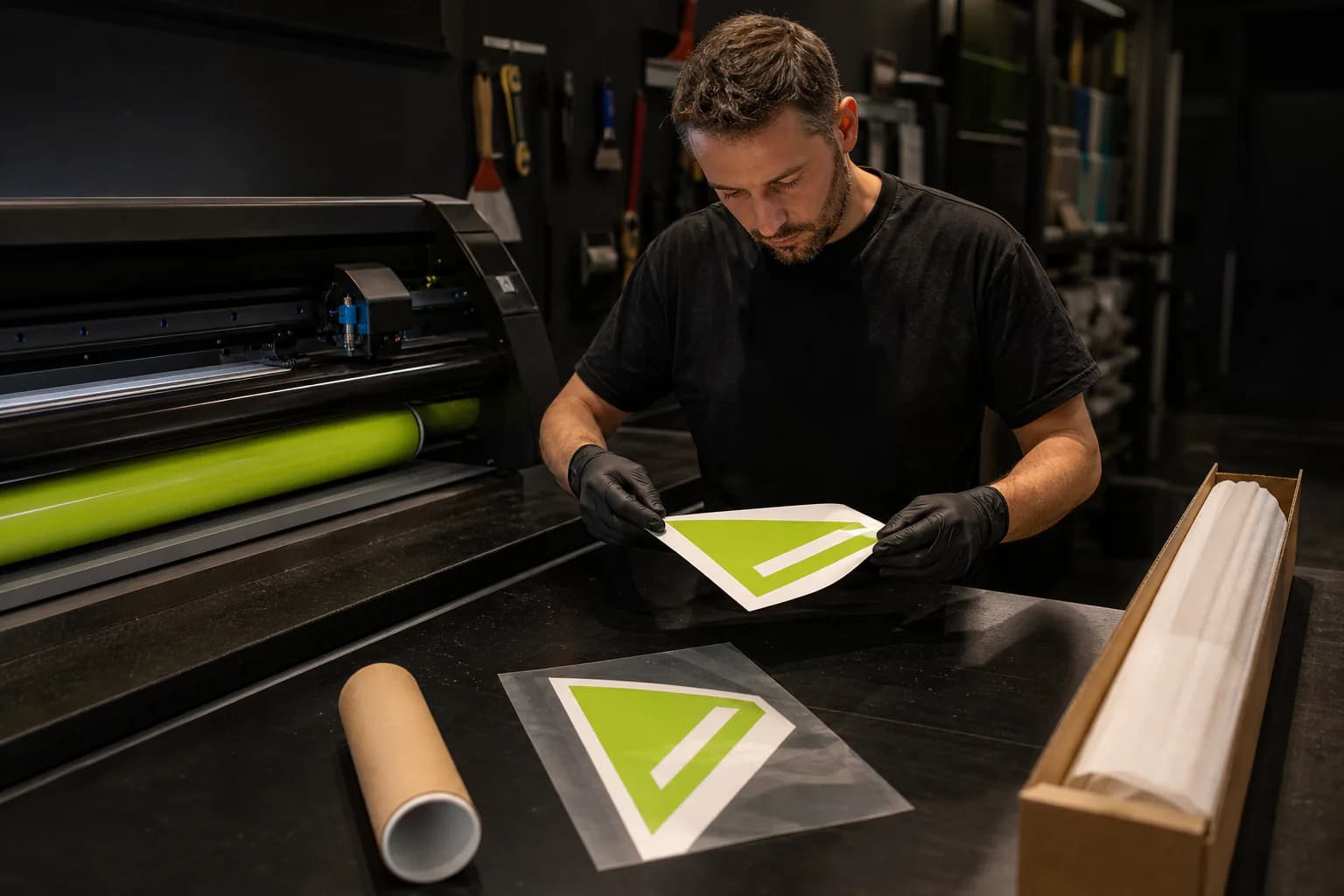 Operatore prepara e controlla pezzi in vinile verde accanto a plotter e rotoli